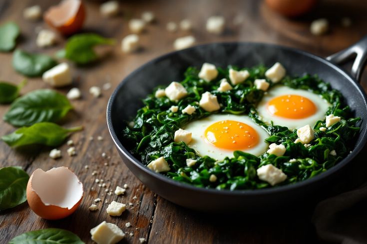 Poêle d'oeufs aux épinards