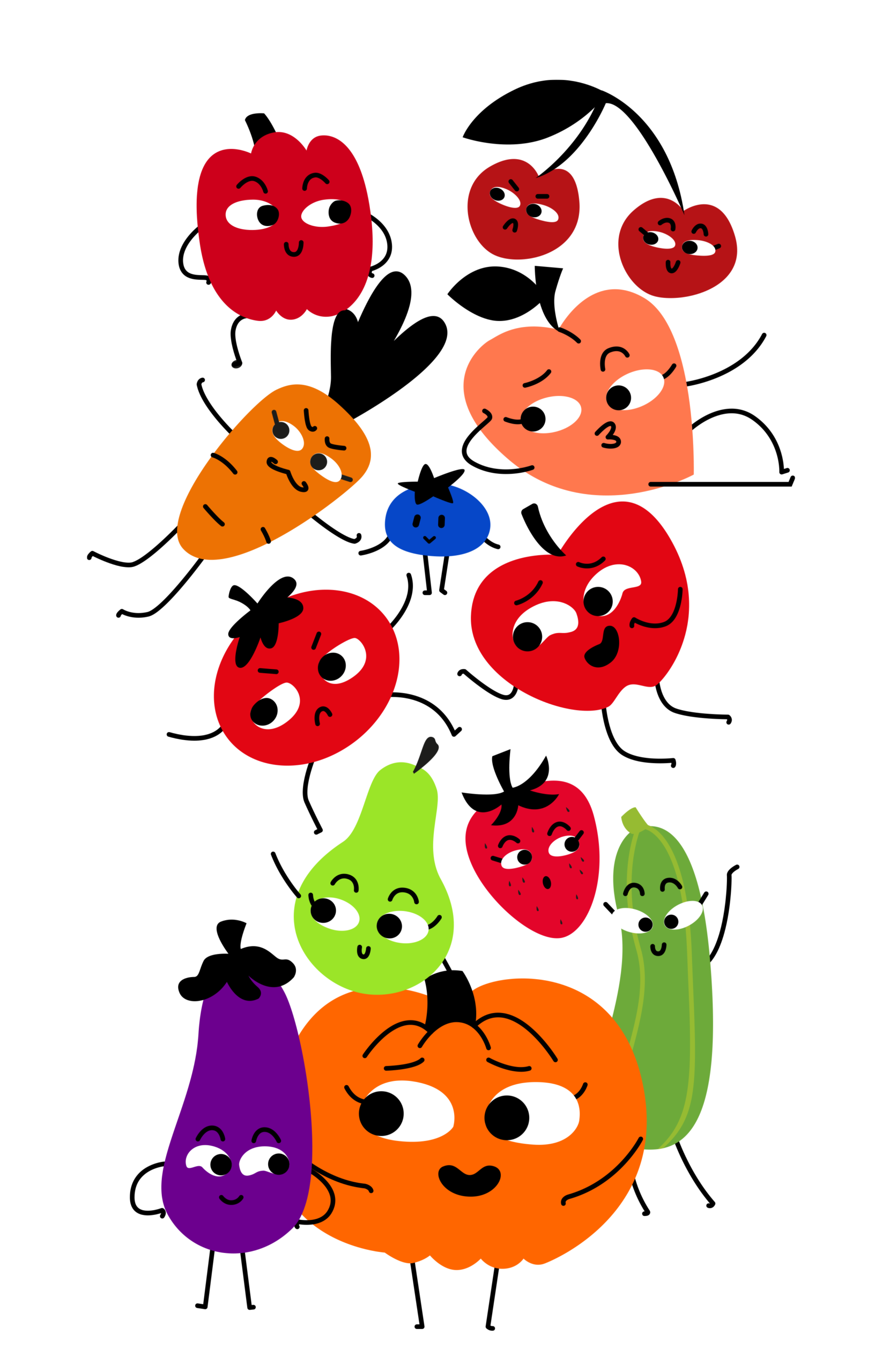 Illustration personnages, fruits et légumes contact cueillette chapeau de paille